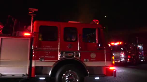 Firetruck Passing Camera Revealing Night Fire Scene Streets Usa — Stock Video