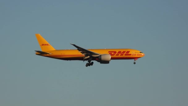 トロントのピアソン国際空港に接近しているDhl Cargo B777航空機に続くテレショット — ストック動画