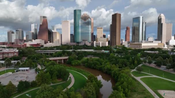 Luchtfoto Van Wolkenkrabbers Het Centrum Van Houston Het Eleanor Tinsley — Stockvideo