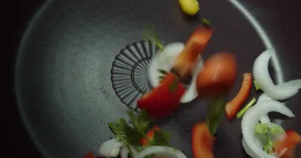 Sliced Pieces Vegetables Fall Prepared Pan Top View Slow Motion — Stock Video