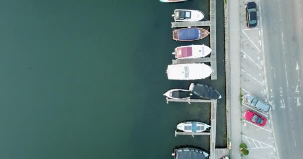 Birds Eye View Boats Parked Henley Harbour Shot Pans Slowly — Stock Video