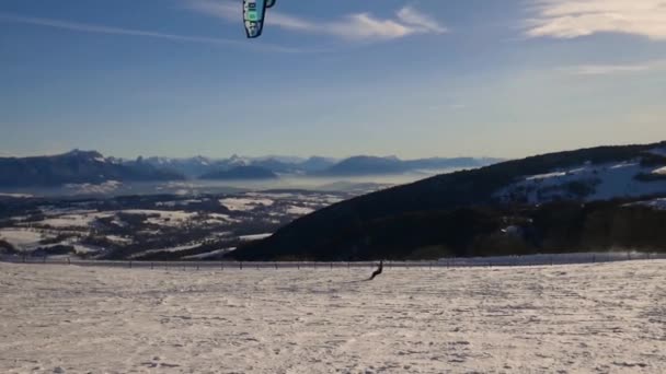 Πρόσωπο Kite Σκι Μια Χιονισμένη Πεδιάδα Στις Γαλλικές Άλπεις Μια — Αρχείο Βίντεο