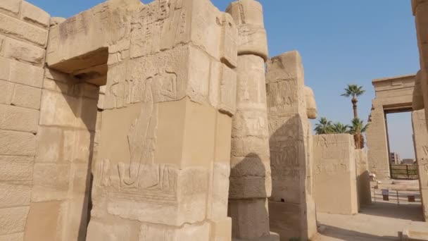 埃及卢克索Karnak寺废墟墙壁和柱子上雕刻的象形文字 — 图库视频影像