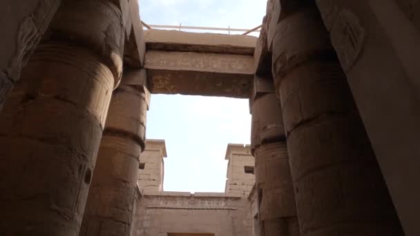 Mirando Hacia Arriba Través Pilares Tallados Redondos Templo Karnak Luxor — Vídeos de Stock