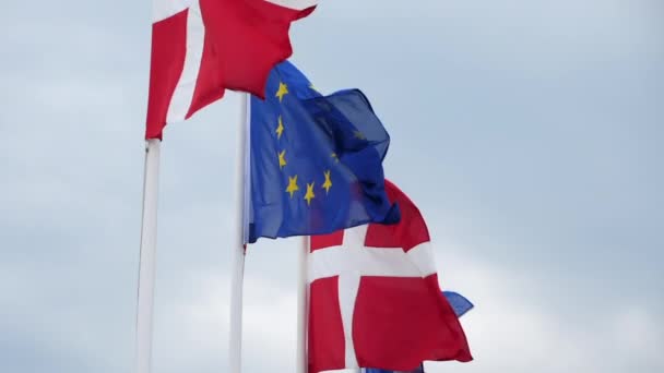 Flagi Danii Unii Europejskiej Machające Wietrzny Pochmurny Dzień Statyczne Slomo — Wideo stockowe