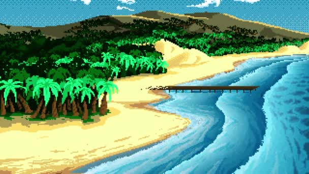 Pixel Art Animación Una Playa Con Embarcadero Montañas Palmeras Día — Vídeos de Stock