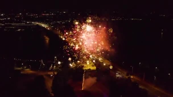 Gece Gökyüzünde Havai Fişeklerin Olduğu Nehrin Yanında — Stok video