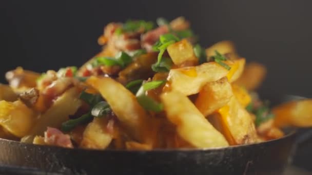 Close Draaiend Shot Van Een Bord Frietjes Beladen Met Cheddar — Stockvideo