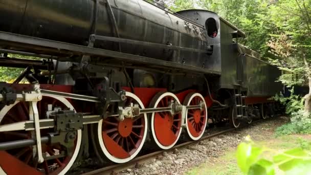 Close Trem Vapor Vintage Com Corpo Metal Preto Rodas Vermelhas — Vídeo de Stock