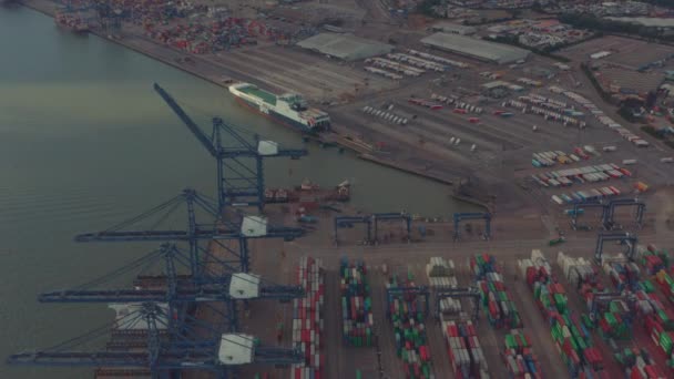 Onthulling Luchtfoto Van Containerwerf Laadkranen Haven Van Felixstowe — Stockvideo