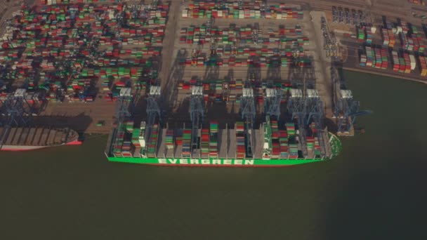 Kinematisk Pan Ned Hodet Droneskudd Stort Containerskip Som Lastes Felixstowe – stockvideo