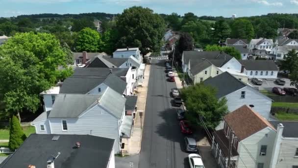Huizen Amerikaanse Vlag Langs Rustige Straat Zomerbomen Fel Licht Luchtfoto — Stockvideo