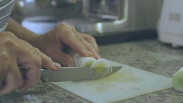 Detail Einer Frau Die Mit Einem Scharfen Messer Einen Lauch — Stockvideo