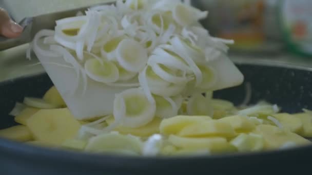 Despeje Alho Porro Cortado Panela Com Batatas Depois Cozinhe Tudo — Vídeo de Stock