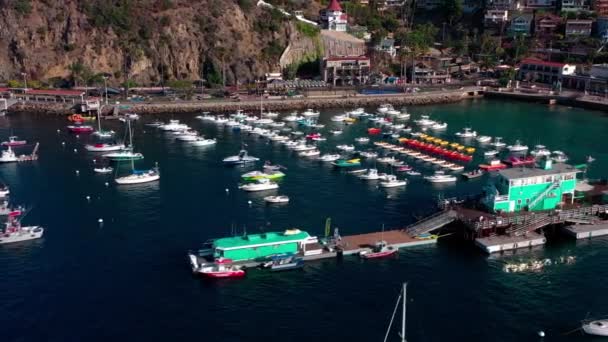 サンタカタリナ島のアバロン桟橋のサイドドローンビュー — ストック動画