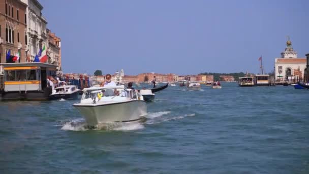 Italian Man Navigating Motorboat Tourist Passengers Venetian Lagoon Venice Italy — Vídeos de Stock