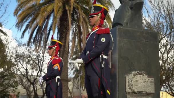 Soldiers Regiment Grenadiers Horseback Standing Next Monument General San Martin — Stock Video