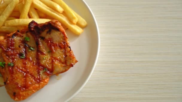 Grilled Chicken Steak Potato Chips French Fries White Plate — Stok video
