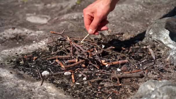 Kibritle Birlikte Kuru Çam Dallarından Küçük Şenlik Ateşi Yakmaya Çalışıyorlar — Stok video