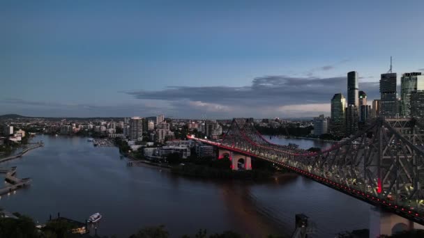 Luchtbeelden Van Brisbane City Story Bridge Genomen Bij Zonsondergang Uitzicht — Stockvideo