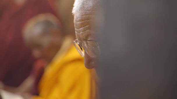 Avslöja Porträtt Gammal Tibetansk Munk Den Traditionella Morgonbönen Thiksey Kloster — Stockvideo