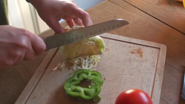 Cocinar Cortar Rebanar Verduras Pimiento Verde Cámara Lenta — Vídeos de Stock
