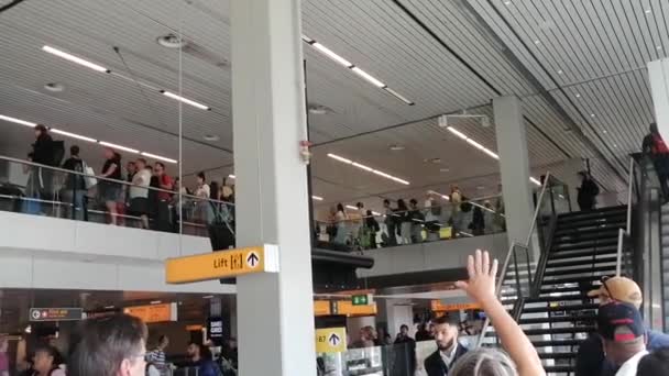 Πλήθος Λόμπι Στο Αεροδρόμιο Schiphol Λόγω Των Καθυστερήσεων Πτήσεων Όλη — Αρχείο Βίντεο