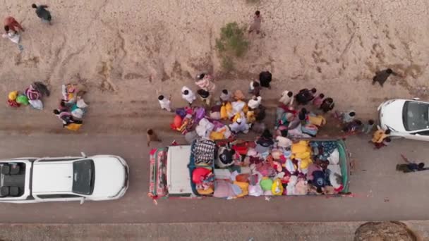 Aerial Birds Eye View Truck Providing Food Aid Flood Remote — Vídeo de stock