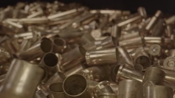 Beautiful Dolly Spent Bullet Casings Stunning Macro Close Shining Brass — Stock Video