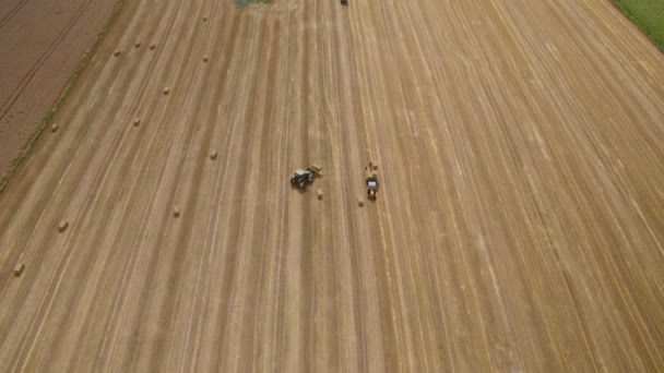 ハーベスト農業機械 農業農地作業場作業用トラクター Hay Bales Airial View Farm Work — ストック動画