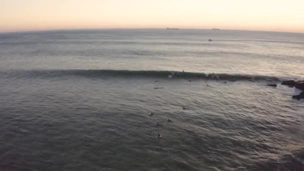 Luchtdrone Zicht Een Aantal Surfers Die Golven Vangen Aan Kust — Stockvideo