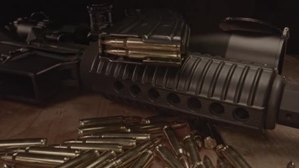 Beautiful Dolly Out Loaded Magazine Assault Rifle Revealing Pile 223 — Stock Video