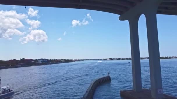 Boat Gorgeous Blue Sea Sky Few Clouds Captured Drone Passes — Stock Video