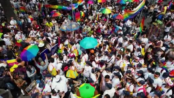 Colorful Rainbow Convoy Cheering Gay Pride Mexico City Aerial View — Stock Video