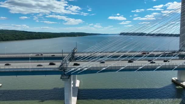 Side Profile Aerial Tappan Zee Andrew Cuomo Bridge Hudson River — Stock Video