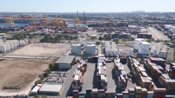 Stacked Cargo Containers Port Botany Terminal Global Logistics Ready Shipping — Stock Video