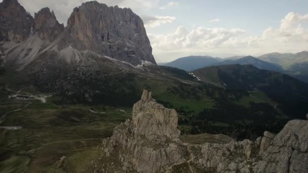 Cinematic Aerial Man Rocky Outcrop Overlooking Incredible Dolomites — Stock Video