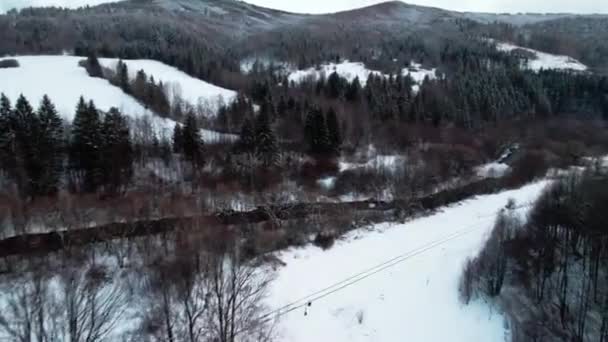 Astonishing Aerial View White Snowy Landscape River Stream Circle Pan — Stock Video