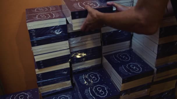 Homme Empile Des Livres Dans Entrepôt Titre Des Livres Traduits — Video