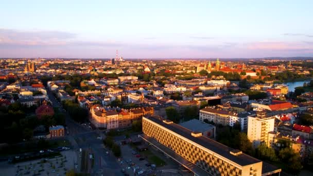 Panorama Lotnicza Centrum Krakowa Złotej Godzinie — Wideo stockowe