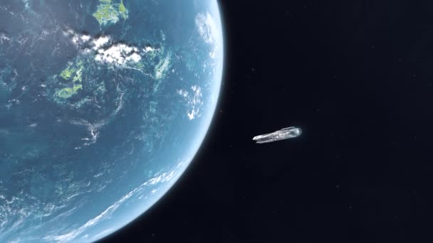 Великий Футуристичний Космічний Корабель Входячи Орбіту Океанського Екзопланети — стокове відео