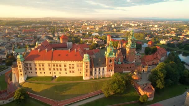 공중에서 크라코프 도시의 대성당 Wawel Castle Poland Pull Away Shot — 비디오