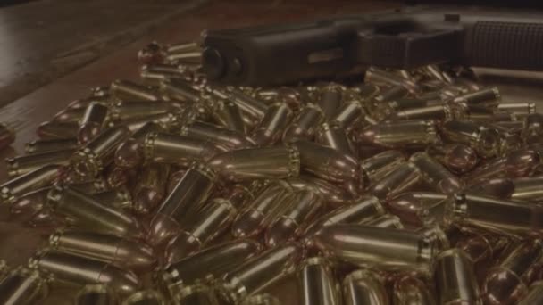 Macro Dolly Glock Laying Pile 9Mm Ammunition — Stock Video