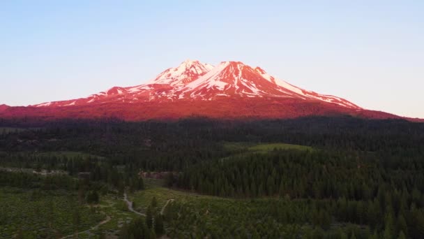 Luchtopname Van Een Ijs Bedekt Mount Shasta Het Omringende Bos — Stockvideo