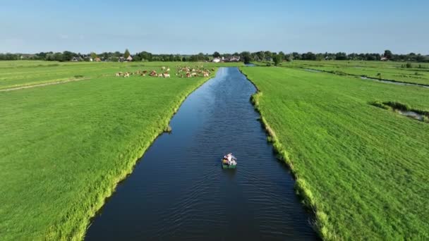 Aerial Drone Shot Small Boat Dutch Polder Waterway — Vídeos de Stock