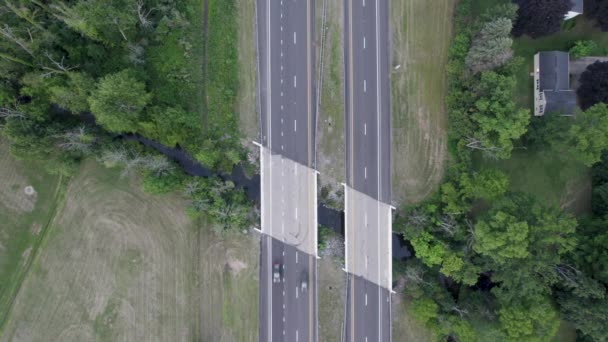 Aerial Drone Bird Eye View Two Birdges Water Canal Highway — Stock Video