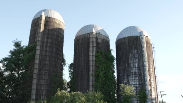 Silos Agrícolas Dilatados Abandonados Medford Nova Jersey Eua Ângulo Baixo — Vídeo de Stock