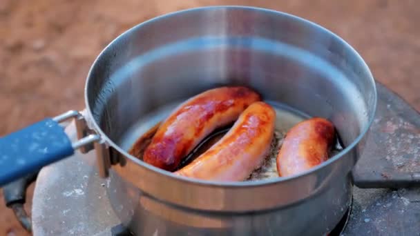 Kooking Breakfast Sausage Pan Forest — Stock video