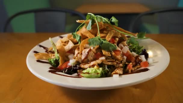 Colorful Salad Topped Tortilla Strips Balsamic Dressing Slider — Stock Video