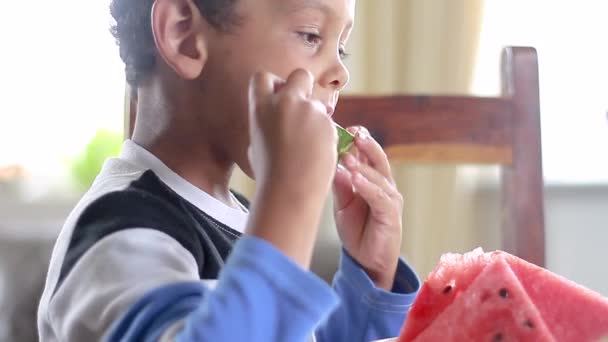 Anak Kecil Makan Manis Watermelon Merah Rekaman Stok — Stok Video